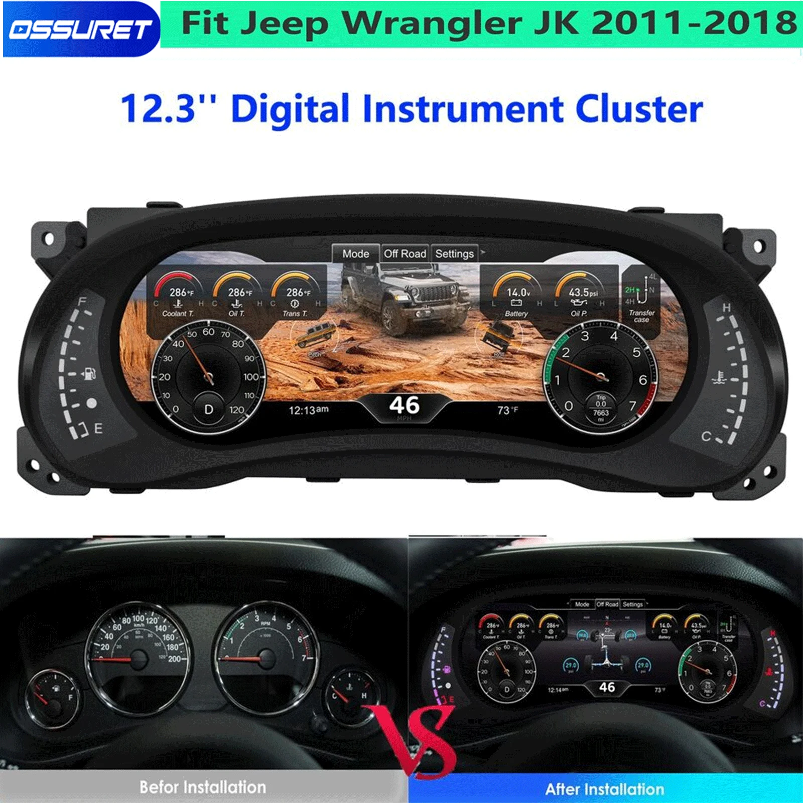 12,3-Zoll-LCD-Digitalcluster für Jeep Wrangler JK 2011–2018, Instrumententachometer, Armaturenbrett-Display, blendfreie Behandlung Image