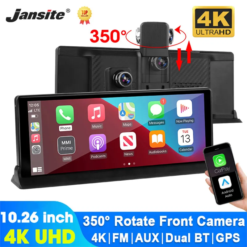10,26 Zoll 4k Dash Cam drahtlose Carplay Android Auto Auto DVR 350 ° rotierende Linse GPS Navigation Dashboard Video recorder