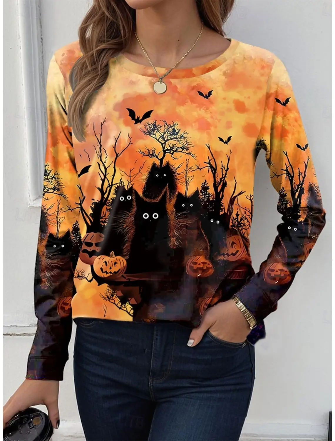 Fashion Women's T shirt Tee Ombre Print Halloween Casual Holiday Fashion Long Sleeve T-shirt O-Neck Yellow Sweatshirt Pullover