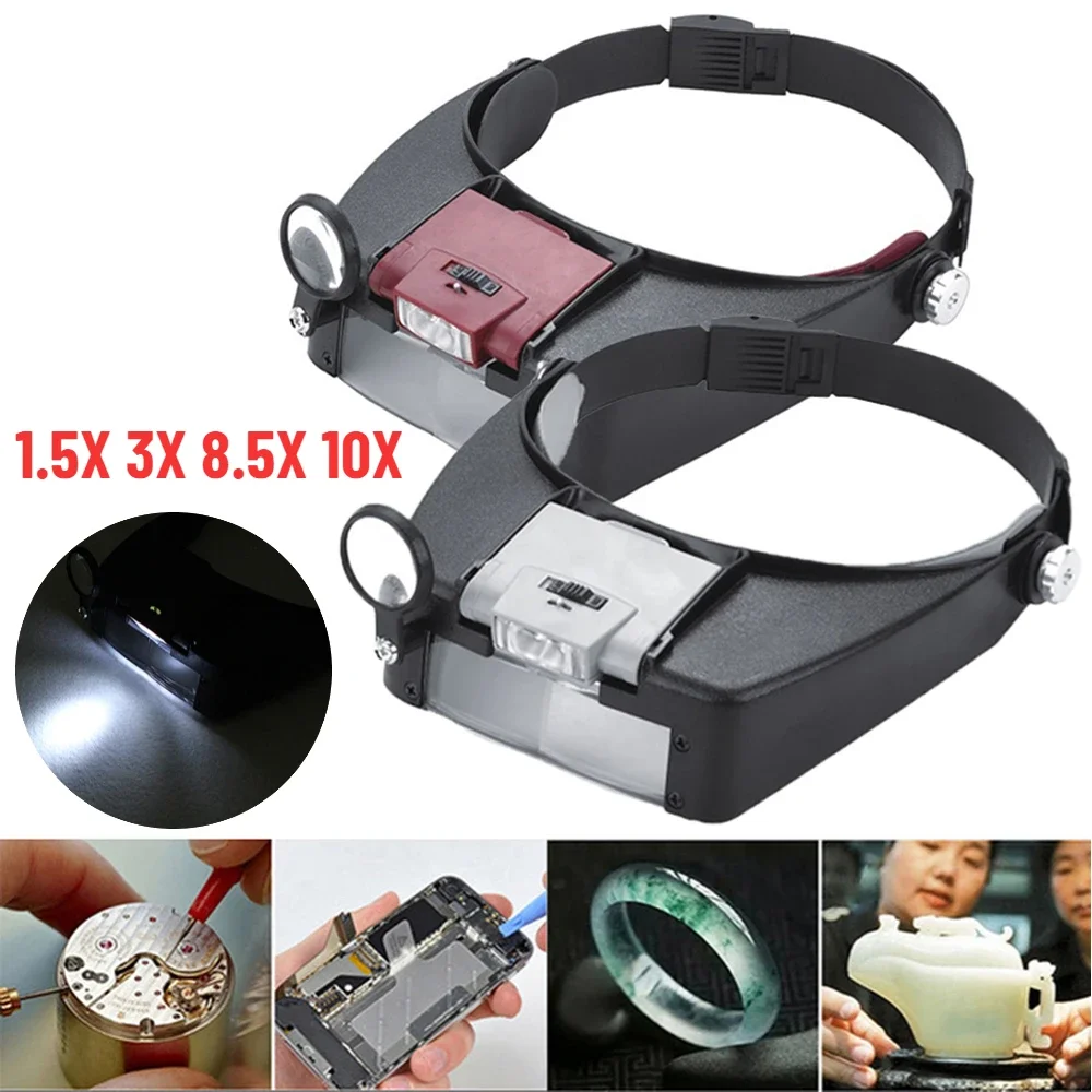 10x Stirnband Brille Lupe verstellbare LED Lupe Lupe zum Lesen Optivisor Lupe beleuchtet Reparatur werkzeug Image