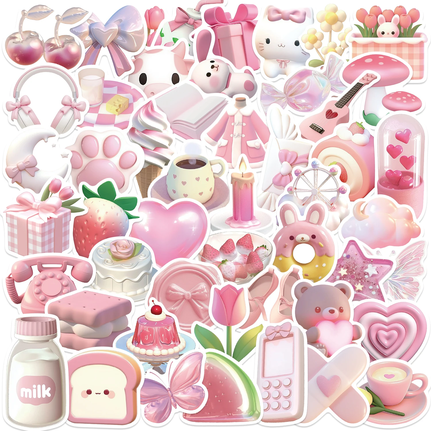 50PCS Koreanische Ins Stil Rosa Hochwertige Realistische 3D Handy Fall Computer Wasser Tasse Dekoration Aufkleber Image