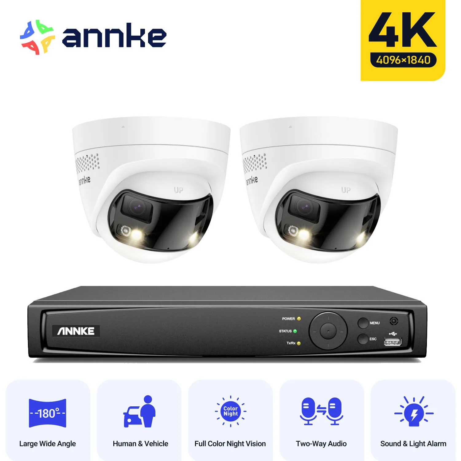 ANNKE Ultra HD 4K-Überwachungskamera, 180 Grad Panorama-IP-Kamera mit zwei Objektiven, 8 Kanäle, POE NVR, 2/4 Stück, 8 MP Überwachungskameras-Set Image