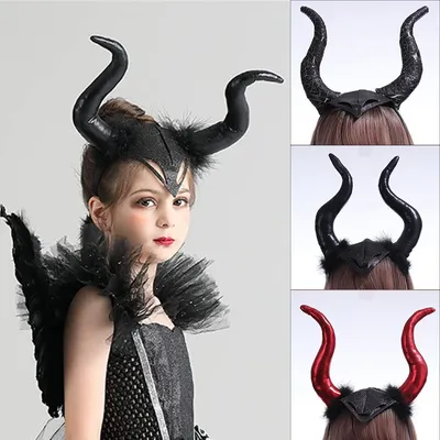 Frauen Schwarze Königin Dämon Lange Ochsen Horn Kopfbedeckung Cosplay Mädchen Böse Hexe Kopfschmuck Image
