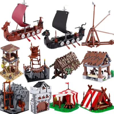 Moc mittelalter liche Szene Bausteine Militärlager Wikinger Krieger Soldaten Zelt Außenposten Piraten schiff stabile Burg Wand Ziegel Spielzeug Image