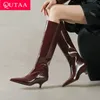 Qutaa Nachrichten Frauen kniehohe Stiefel spitzen Zehen Winter Frau Schuhe niedrigen Absatz echtes Leder lange Stiefel Wein rot schwarz 34-39
