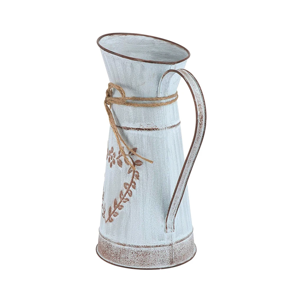 Bauernhaus Metall Blumenvase dekorative verzinkte Blumen sträuße Pflanzer mit Griff Vintage Kessel form Vase für Tisch dekoration Image