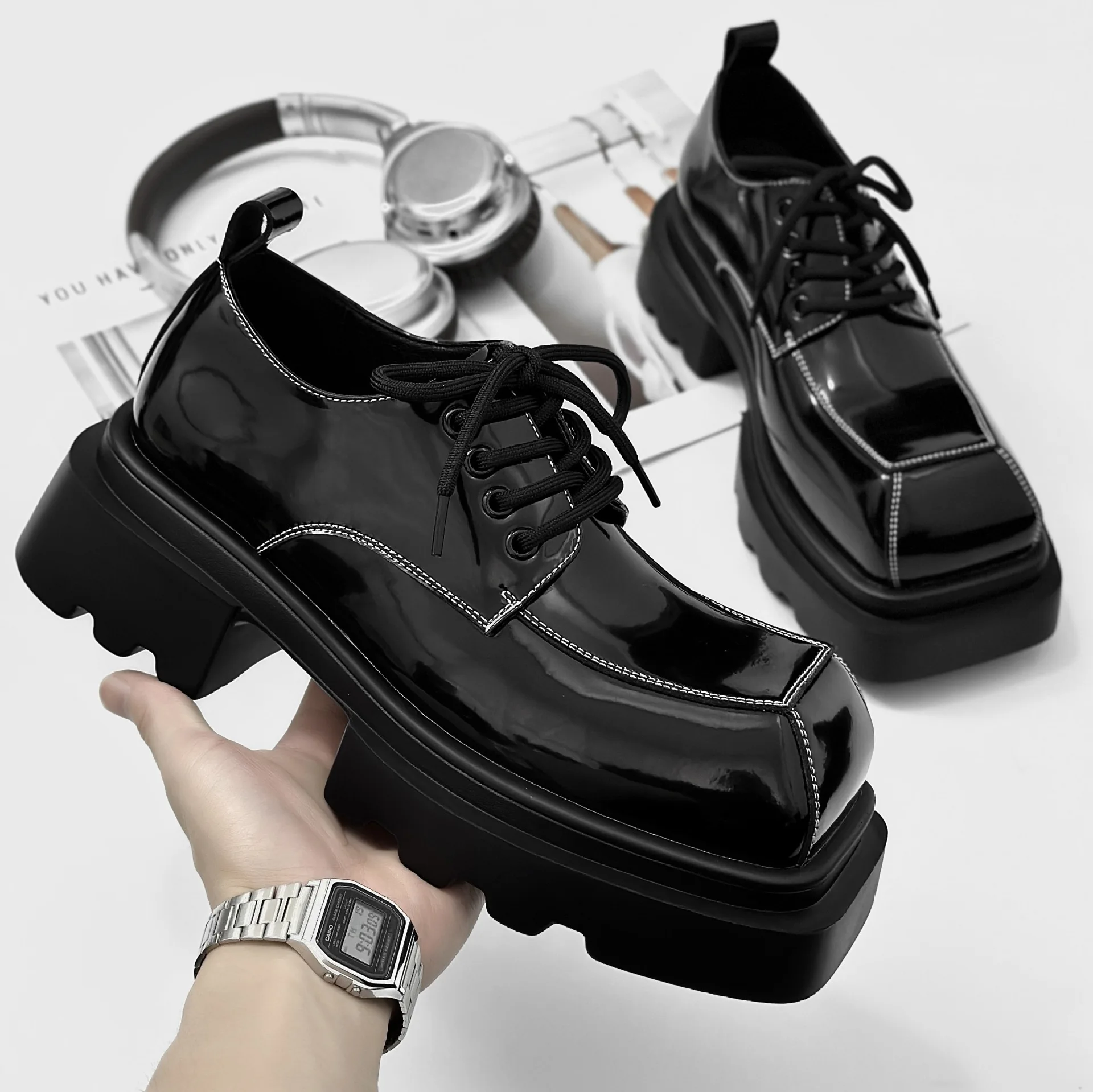 Männer Japan Karajuku Koreanischen Stil, Mode, Glänzend, Streetwear, Dicke Plattform, Casual Schwarz Leder Schuhe Lace Up Sneakers Schuhe