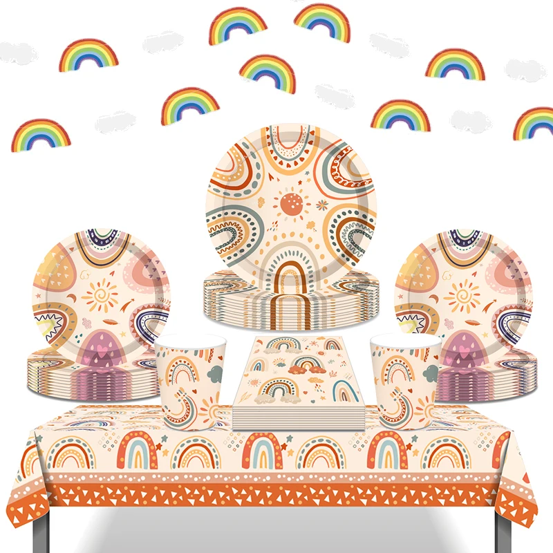 Böhmische Regenbogen Einweg geschirr Pappbecher Teller Servietten Tischdecke Mädchen Geburtstags feier Dekoration Boho Hochzeit Lieferungen Image