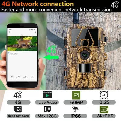 4g lte Jagdpfad Kamera 60mp HD 8k App Steuerung Nachtsicht Foto falle mit SIM-Karte Mobilfunk Mobile Wireless Wildlife Cam