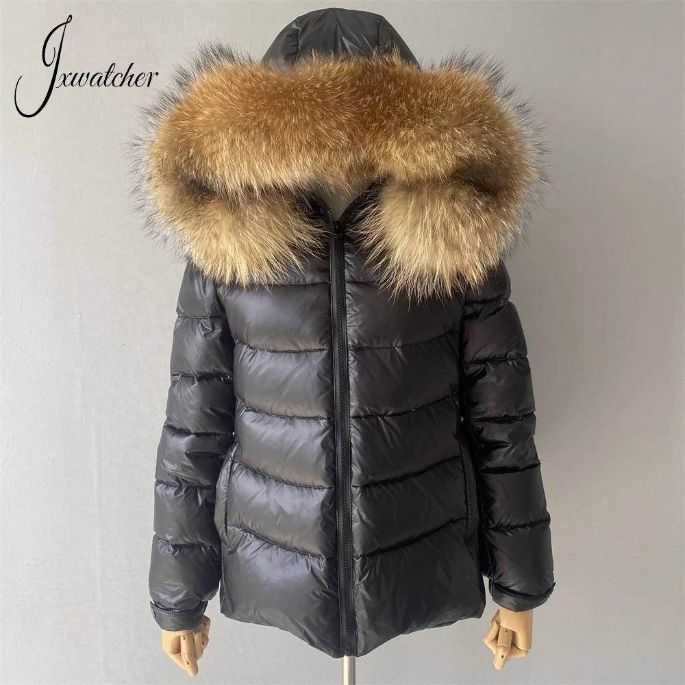 Jxwatcher Women's Down Jacket Winter Thicken Warm White Duck Down Coat With Real Raccoon Fur Collar Ladies Fashion Hooded Jacket