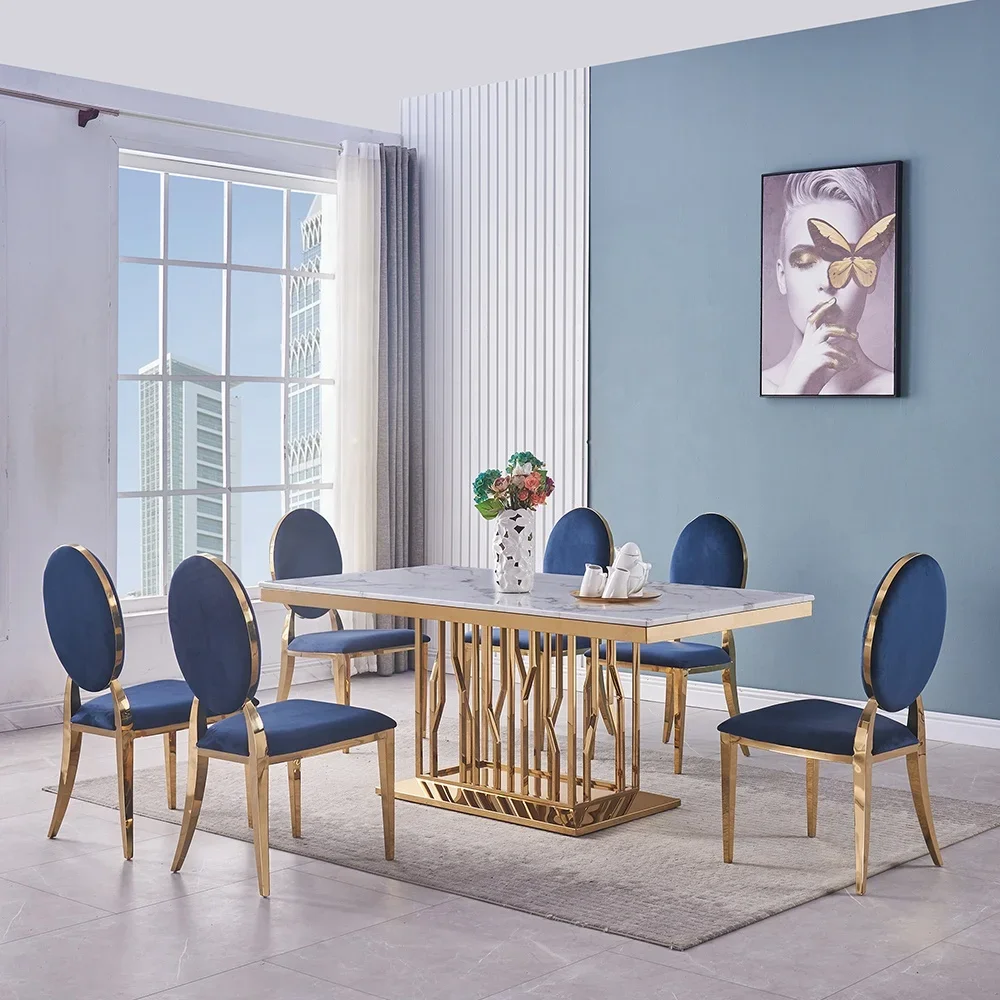 Luxuriöser Esstisch für die Familie mit 6 Stühlen, Esstisch aus weißem Marmor und T-18-DT-Esstisch aus Eisen und Gold und Edelstahl