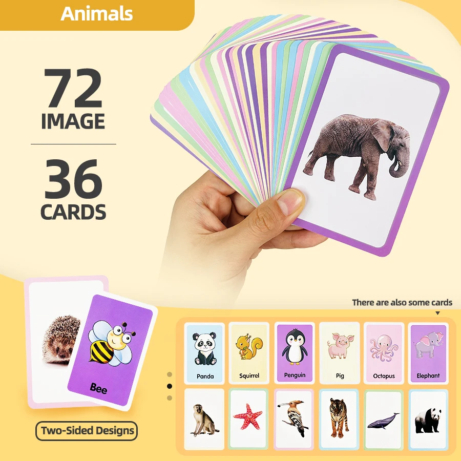 36 doppelseitige kognitive Tierkarten, Bilder zum Erleuchten von Kindern, lustige Lehrkarten aus Papier Image