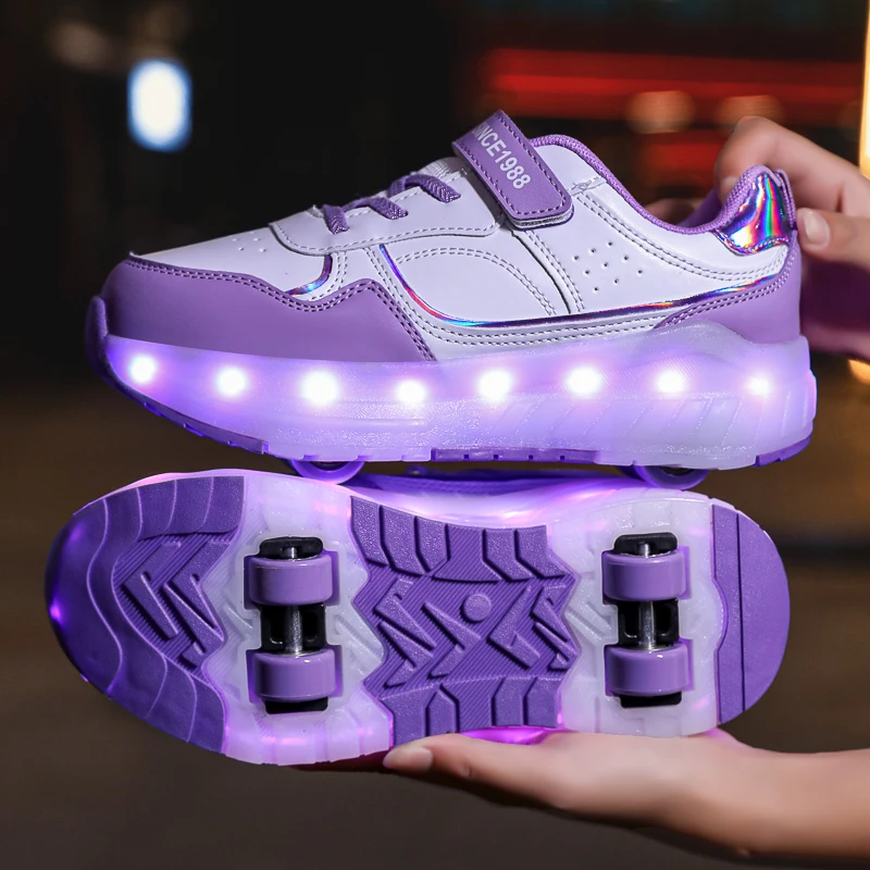 Kinder-Turnschuhe mit LED-Licht, 4 Räder, leuchtende Schuhe mit Rollen, wiederaufladbar, für Mädchen, Jungen, Damen, Kinder, Rollschuhe