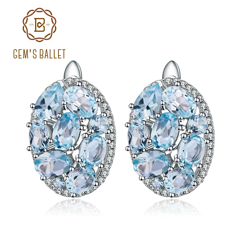 GEM'S BALLETT Natürliche Himmel Blau Topas Reine 925 Sterling Silber Oval Clip Ohrringe Frauen Geschenk Vintage Luxus Feine Kostüm Schmuck