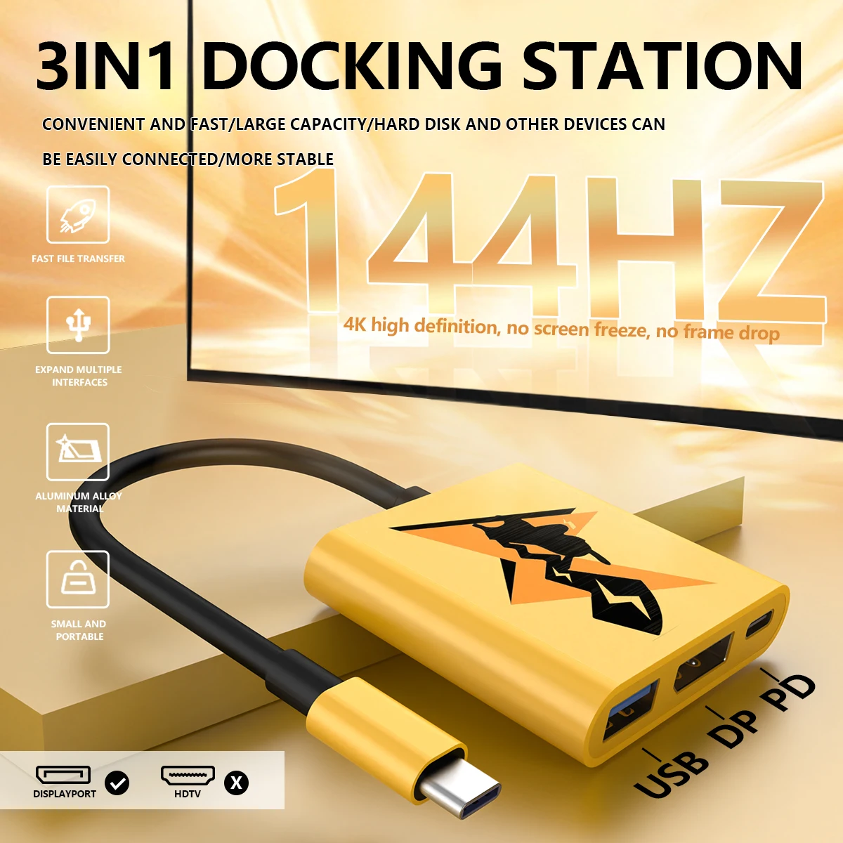 USB-C zu Displayport Splitter Adapter(4k @ 144hz) Typ C Displayport Hub mit pd100w, USB 2,0 für Switch/oled iphone16/15 dell xps Image