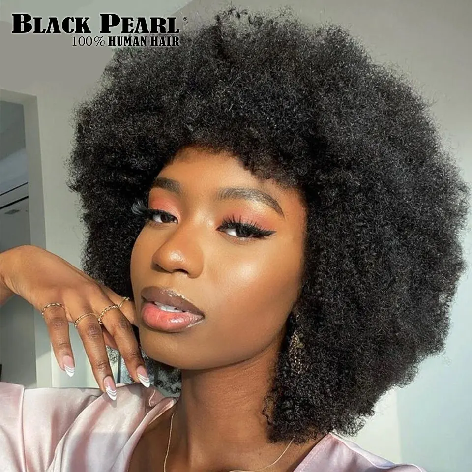 Flauschige remy kurze afro verworrene lockige Welle Echthaar Perücke mit dicken Pony kurze Bob Perücke brasilia nische Echthaar Perücken für schwarze Frauen Image