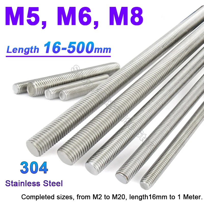 1–10 Stück M5 M6 M8 Edelstahl Vollgewindestange Vollmetrische Gewindestangen Schraubanker Kopflose Schrauben Befestigungsbolzen L = 16–500 mm Image