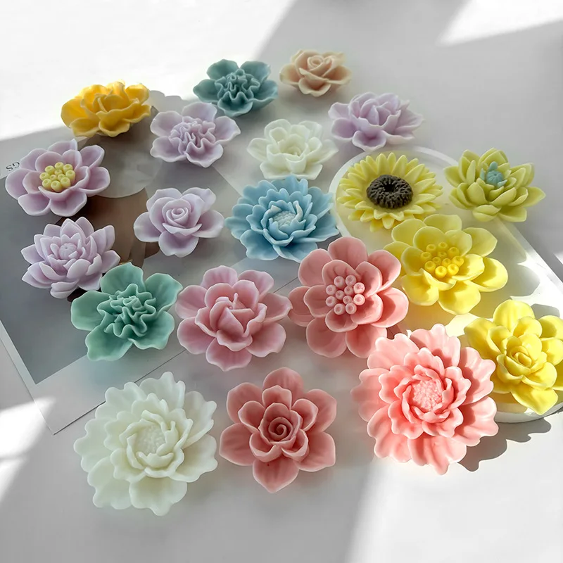 8-10cm Blume Silikon Kerzen formen 3d Sonnenblume Pfingstrose Rose Schokoladen kuchen Kuchen Backform DIY Seife Gips Harz Guss werkzeug Image