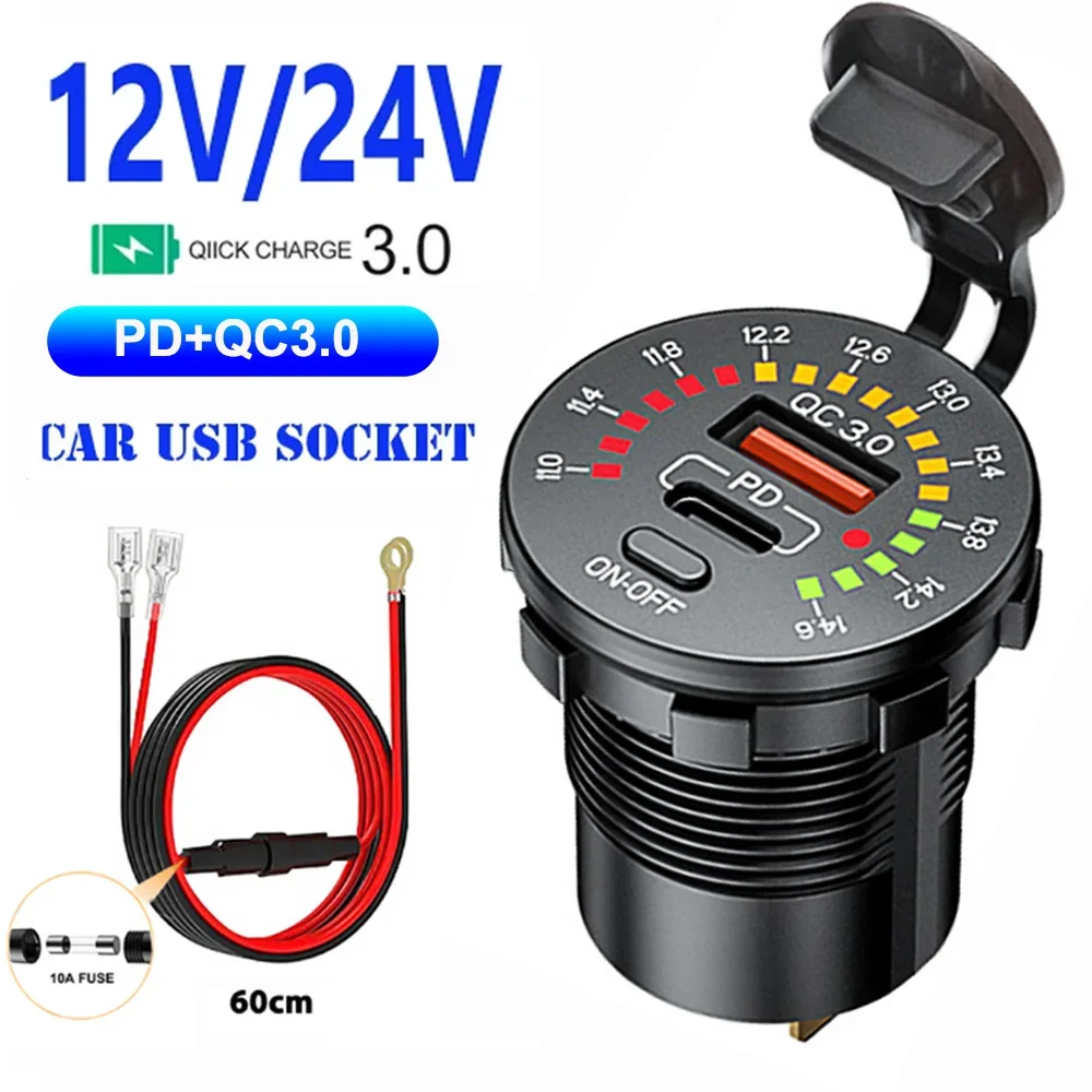 36w pd qc 3,0 Auto ladegerät mit LED-Voltmeter Ein-Aus-Schalter 12/24V wasserdichte USB-PD-Steckdose Schnell ladung für Auto Motorrad
