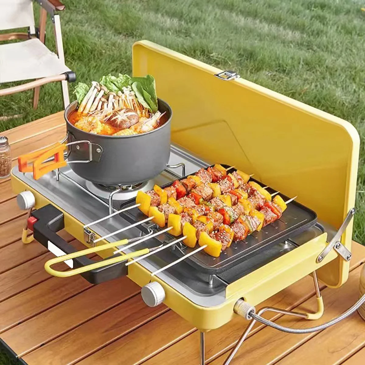 Camping Gasherd tragbare 2-Flammen-Herd faltbare Grill Grills Gasherd Terrasse mit Regler für Outdoor-Kochgeschirr Image