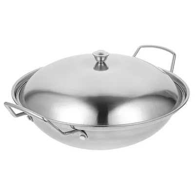 Extra Thick Stainless Steel Wok With Lid Double Handle Hot Pot Kitchen Pan Daily Use Cookware Dining Bar Stove Stainless Steel