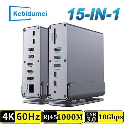 15-in-1-USB-C-Dockingstation 4K HD-Vertikalhub mit dreifachem Monitor RJ45 1000M, USB 3.0/2.0, PD Image