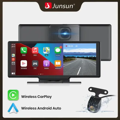 Junsun 10.26" Portable Dashboard TouchScreen Wireless CarPlay for Apple Android Auto Car Radio 4K 1080P Dash Cam WiFi GPS Navi