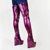 LAIGZEM SUPER Frauen Über Knie Stiefel Glänzende Plattform Keile Oberschenkel Hohe Stiefel Unisex Zip Up Damen Schuhe Frau Große Größe 42 45 50 52