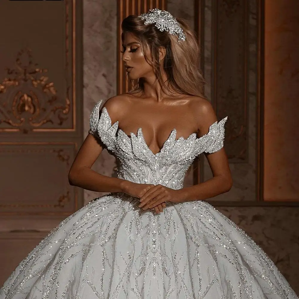 Glitter Ball Gown Off Shoulder Wedding Dresses Luxury Sparkly Backless Bridal Gowns with Long Train vestidos de novia robe