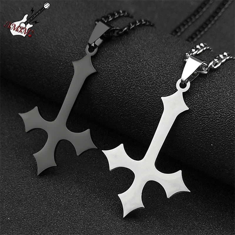 Goth Upside Down Kreuz Edelstahl Anhänger Halskette für Männer Schwarz Farbe Invertiert Kreuz Kering Handtasche Zubehör Schmuck Image