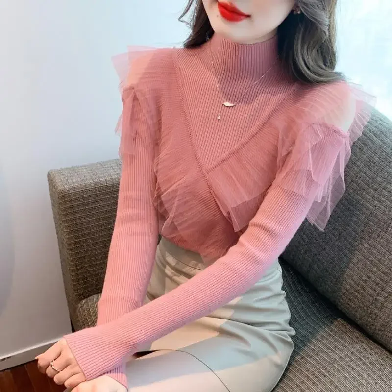 Ladies Pullovers Pink Coquette Slim Fit Splicing Mesh Women's Knit Sweater Turtleneck Clothing Sales Winter 2025 Original Trend