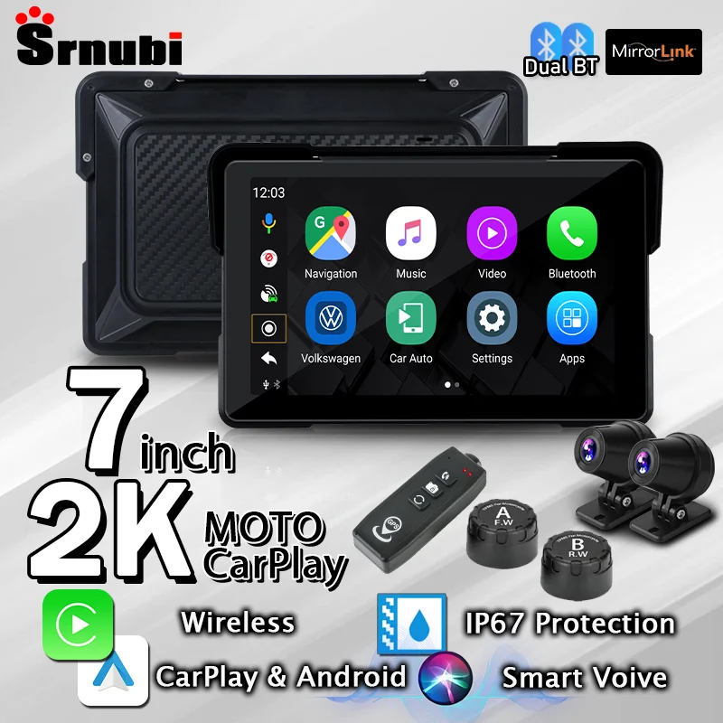 Srnubi 7 Zoll 2K Motorräder DVR Navigation GPS Wireless CarPlay Android Auto Wasserdicht IPX7 TPMS Tragbare Smart Display Kamera Image