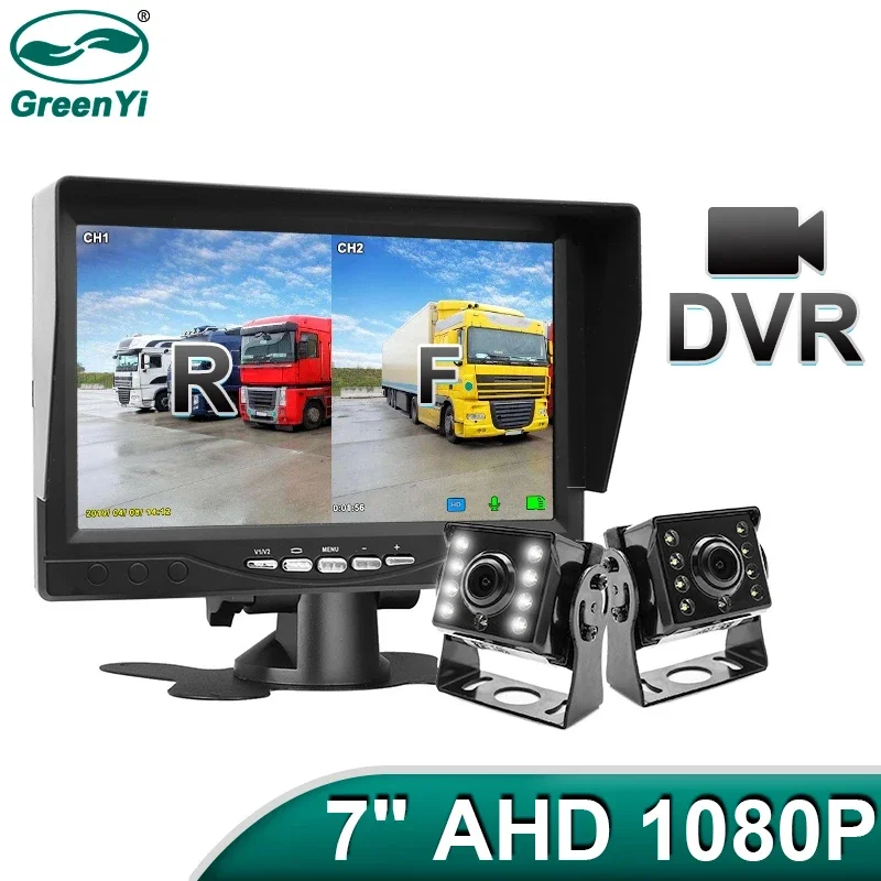 GreenYi 1920*1080 Aufnahme DVR 2 LKW Rückfahrkamera AHD Nachtsicht mit 7" Fahrzeug Rückansicht Monitor Unterstützung SD Karte Image