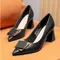 Zapatos De Mujer Women Cute Pointed Toe High Quality Black Patent Leather Slip on Square Heel Shoes for Office & Work Party A264