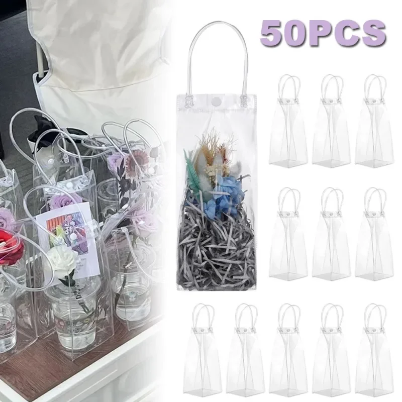 50 Stück durchsichtige Geschenktüten aus Kunststoff mit Griff, transparente Geschenktüte, wiederverwendbare Tragetasche, PVC-Goodie-Taschen für Hochzeits-Partyzubehör Image