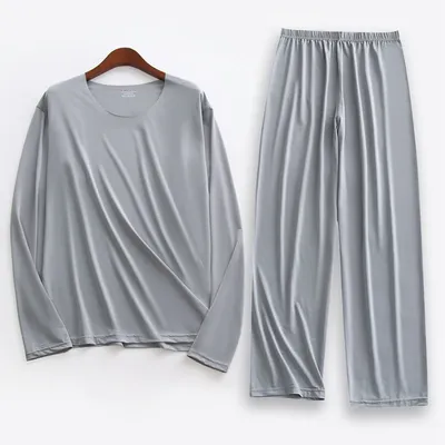 Große Größe Männer Eis Seide Pyjamas Solide Hemd & Hosen 2Pcs Pijamas Schlaf Set Dünne Hause Image