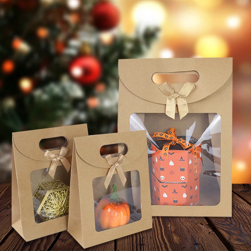 2 stücke Kraft papiertüten mit klarem Fenster tragbare Geschenkt üten mit Griff Blume Süßigkeiten Kekse Kuchen Verpackung Box Hochzeit Geschenk boxen Image