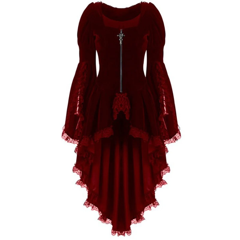 Asymmetrische Winter Frauen Gothic Kleid Feste Kurze Vordere Lange Zurück Sommerkleid Rot Grün Schwarz Vintage Spitze High Low Frauen Kleider