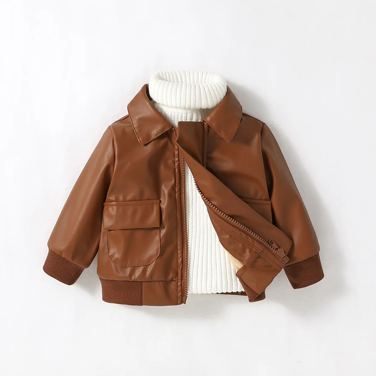 Baby neue Mode Herbst/Winter Langarm braune Lederjacke mit Tasche Streetwear Outdoor für 3m-3y Image