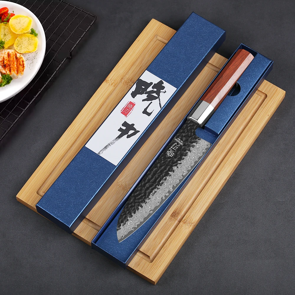 7-Zoll-Santoku-Messer Damast stahl vg10 scharfes Fleisch Gemüses ch neiden Hackmesser japanische handgemachte profession elle Küchenchef Messer Image