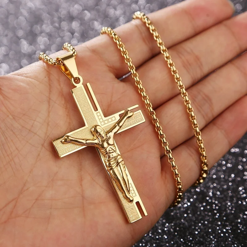 Herren-Halskette mit religiösem Anhänger, Jesus Christus, Kruzifix, vergoldetes Kreuz, mit Kettenschmuck Image