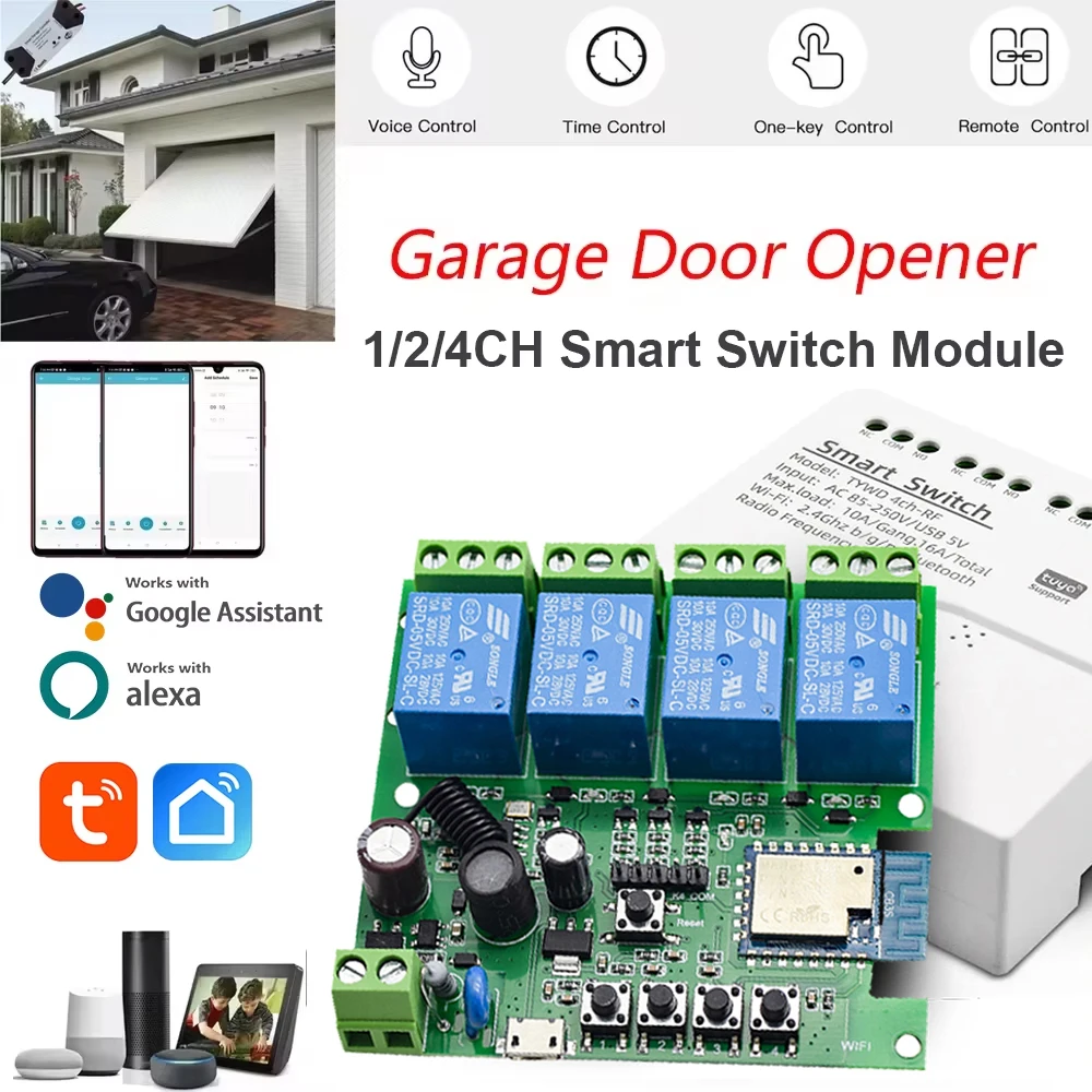 1/2/4 CH Tuya WIFI Smart Garage Elektrische Tor Tür Steuerung Zugang Motor Schalter DC 12V 24V AC 220V Puls Relais Modul RF433 Alexa Image