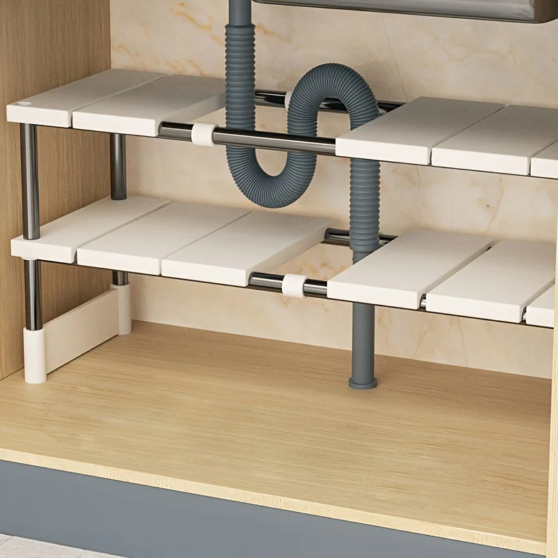 Verstellbares Aufbewahrungsregal unter der Spüle, erweiterbarer Küchen- und Badezimmerschrank-Organizer, langlebiger, platzsparender, mehrschichtiger Topflappen