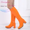 Orange sexy Retro 60er 70er Jahre Gogo Stiefel 7cm klobige Block absatz Club kniehohe Stiefel Cross dressing Unisex Schuhe Frauen