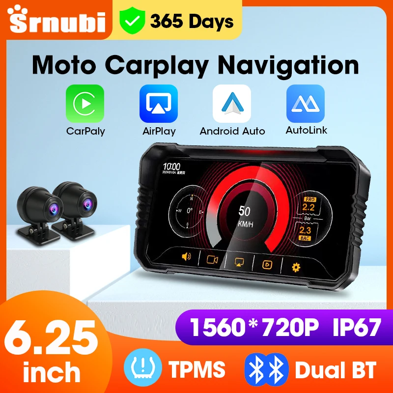 6,25 zoll Motorrad DVR Navigation CarPlay Kamera Linux IP67 Wasserdicht Dual Bluetooth Für Moto bildschirm Drahtlose Android Auto Image
