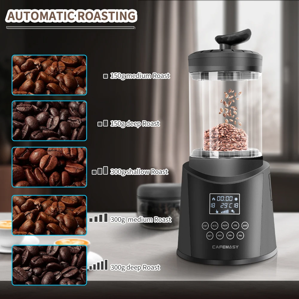 CAFEMASY Neuer 300g intelligenter Kaffeebohnen-Luftbräter, automatische und manuelle Modi, Kaffeeröstmaschine mit Digitalanzeige Image
