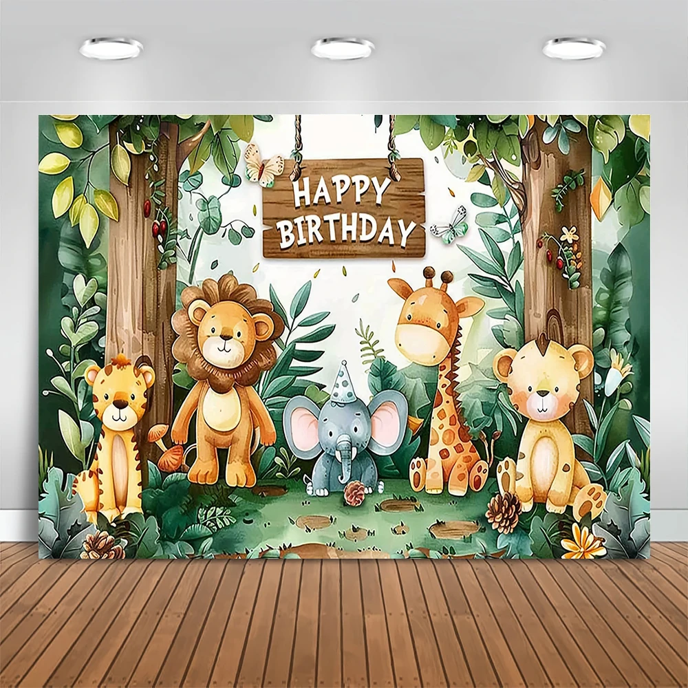 Dschungel Tier Safari Party Hintergrund Kind 1. Alles Gute zum Geburtstag Party Schießen Fotografie Hintergrund Neugeborene Baby Dusche Dekor Banner Image