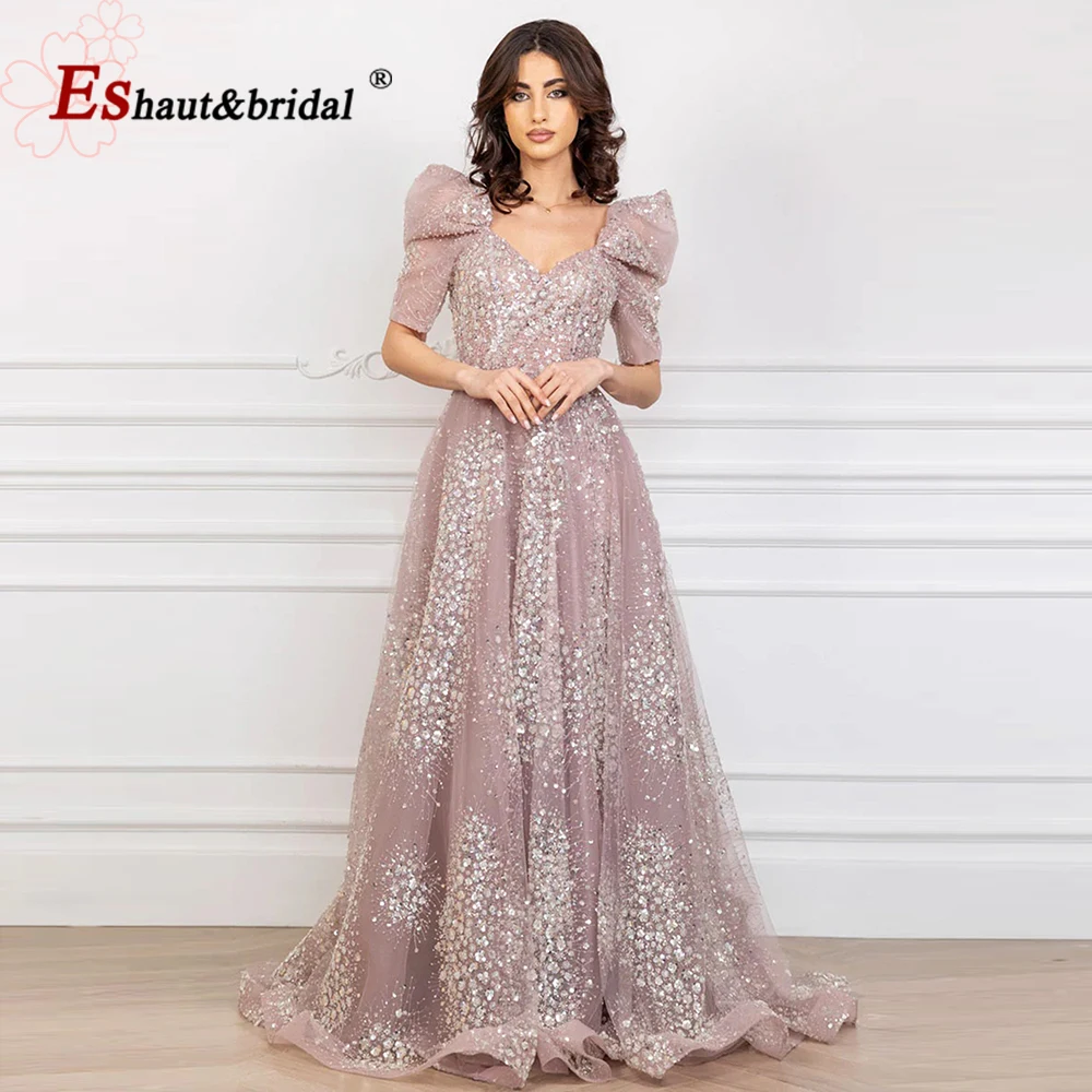 Elegantes Rosa A-Linien-Abendkleid mit Perlen Dubai V-Ausschnitt Puffärmel Langes Formelles Ballkleid Hochzeitsfeier-Kleid für Damen 2026 Maßanfertigung