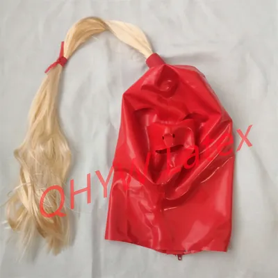 Handgemachte Latex hauben mit blonden Perücke Pferdes chwanz Club tragen Fetisch Gummi maske schwarz Image