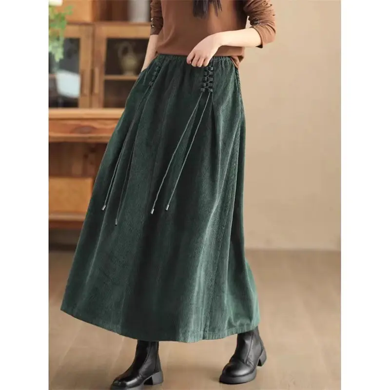 Retro Cord Rock Frauen Grün Frühling Herbst Kunst Große Größe Elastische Hohe Taille Tropfen Gefühl Lose A-Line Große Schaukel Rock K2456 Image